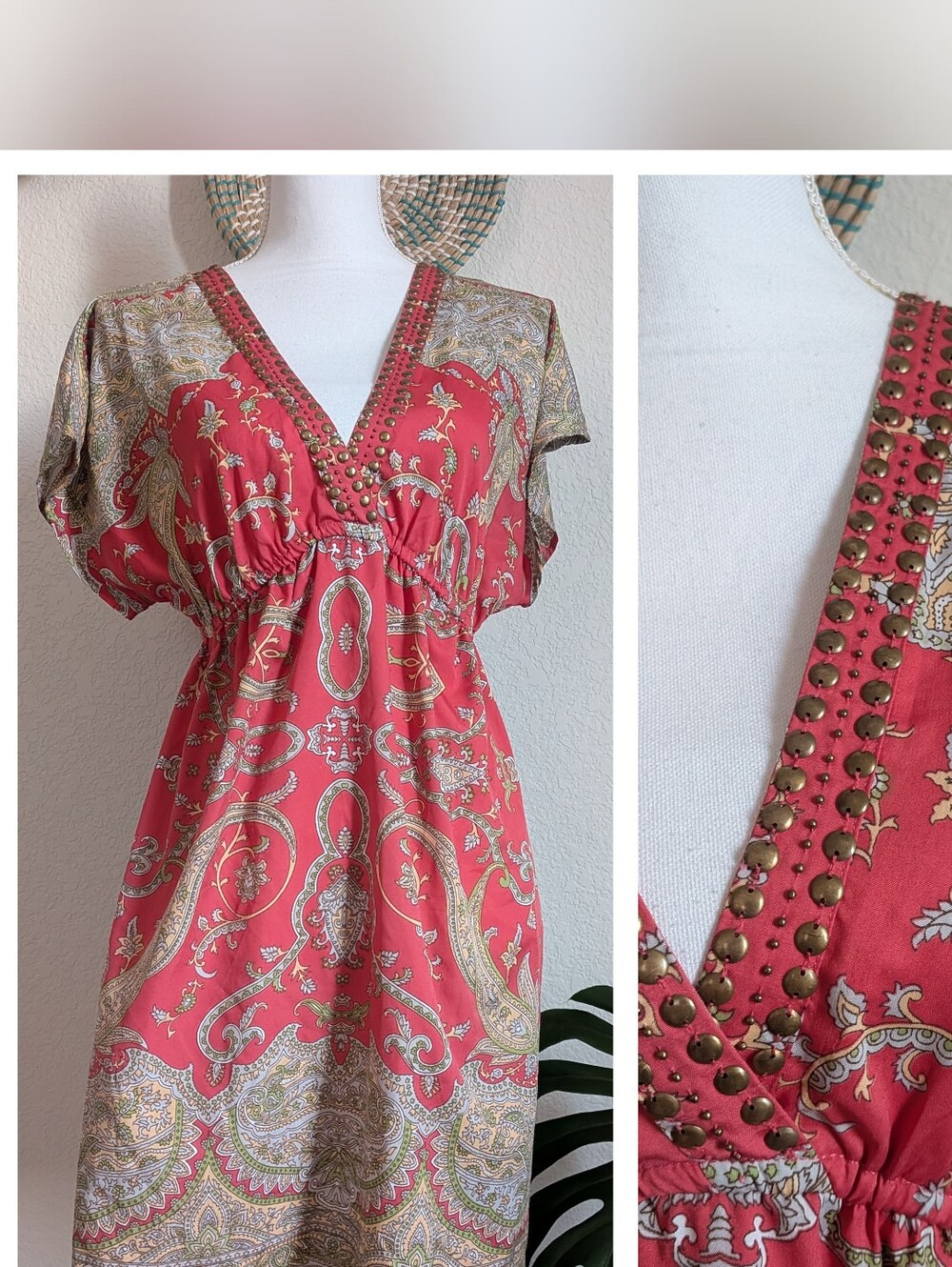 Angie Pink Paisley Empire Waist Mini Dress Flutter Sleeve Small
